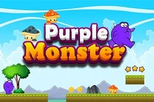紫色のモンスターとカラフルなキノコが草原の上で並び、「Purple Monster」と書かれたテキストが中央にある。
