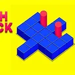 青いブロックで構成された立体パズルと、背景に黄色が広がる中、赤い円柱が配置されています。