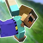 ピクセルアートスタイルのキャラクターが空を飛んでいる様子。