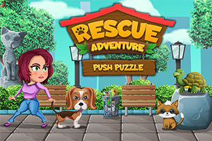 女性と犬が歩道を歩いており、背景にはベンチと植木があるカラフルなゲームのタイトル画面。
