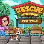 女性と犬が歩道を歩いており、背景にはベンチと植木があるカラフルなゲームのタイトル画面。