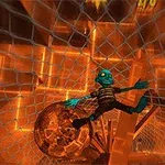青い肌のキャラクターがオレンジ色に輝く背景の中でネットにぶら下がっている。