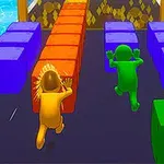 緑と黄色のキャラクターがカラフルなブロックの障害物コースを走っている。