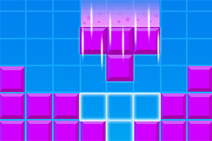 青いグリッド背景に、紫色のブロックが落ちてくる様子。
