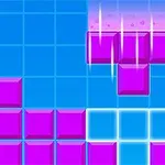青いグリッド背景に、紫色のブロックが落ちてくる様子。