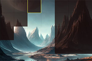 青い空と遠くに輝く星が幻想的な雰囲気を醸し出す険しい山々の風景。