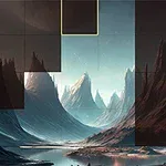 青い空と遠くに輝く星が幻想的な雰囲気を醸し出す険しい山々の風景。