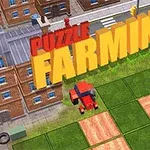 都市の近くで畑を耕す赤いトラクターの上に「PUZZLE FARMING」という文字が浮かんでいる。