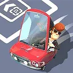 赤い車に乗ったサングラスをかけた人物が、駐車スペースにいるイラスト。