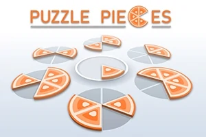 円形に配置されたピザスライスのイラストと、その上に「PUZZLE PIECES」という文字。