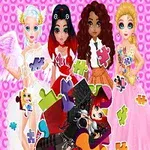 ピンクの背景に4人のドレスを着た女性とパズルのピースが描かれています。