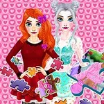 ピンクのハート模様の背景に、赤い髪の女性と銀髪の女性が立っており、前景にはカラフルなパズルのピースが散らばっている。