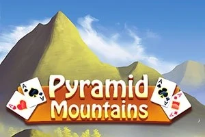 青空の背景に、ピラミッド形の山々と二枚のトランプカードのイラスト。