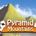 青空の背景に、ピラミッド形の山々と二枚のトランプカードのイラスト。