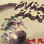ピラミッドの中で宝箱を開ける4人のキャラクターが描かれたイラスト。