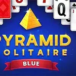 青い背景にカードとピラミッドのアイコンが描かれており、中央には「PYRAMID SOLITAIRE BLUE」の文字がある。