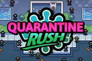 カラフルなキャラクターが集まる建物の外観中央に「QUARANTINE RUSH!