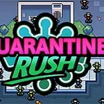 カラフルなキャラクターが集まる建物の外観中央に「QUARANTINE RUSH!