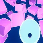 青い背景に浮かぶ複数のピンク色の立方体と円形のオブジェクト。