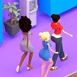 3人のキャラクターが紫色の床を歩いているシーンで、背景には観葉植物と水色の家具があります。