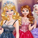 4人のドレスを着た女性たちが豪華な背景の中で笑顔を見せている。