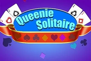 青い楕円の中心に青い文字で「Queenie Solitaire」と書かれ、背景にトランプのスートが描かれた赤いリボンがある紫色の画面。