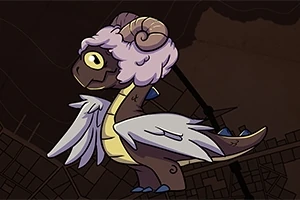 紫色の羊の角を持つ小さなドラゴンが、羽を広げて立っているイラスト。
