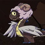 紫色の羊の角を持つ小さなドラゴンが、羽を広げて立っているイラスト。