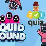 ピンク色の衣装と幾何学模様が描かれたキャラクターたちが配置され、「SQUID ROUND」と「quiz」という文字が中央にあるイラスト。