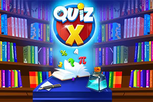 カラフルな本棚を背景に、中央に「Quiz X」のロゴと開いた本、飛び出した数式記号が描かれている。