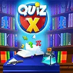 カラフルな本棚を背景に、中央に「Quiz X」のロゴと開いた本、飛び出した数式記号が描かれている。