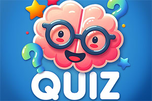 メガネをかけた笑顔の脳キャラクターと大きな「QUIZ」の文字、疑問符や星がある青い背景のイラスト。