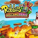火山の上で叫ぶウサギのキャラクターと浮かぶ岩盤。
