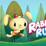 森の背景に、赤い帽子をかぶったウサギのイラストと「RABBIT RUN」の文字。