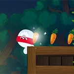 森の中で白いキャラクターが赤いマスクを着けてホバリングし、ニンジンが浮いている。