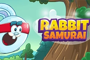 赤いヘッドバンドをしたウサギキャラクターが木の横に飛んでいるイラスト。