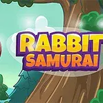 赤いヘッドバンドをしたウサギキャラクターが木の横に飛んでいるイラスト。