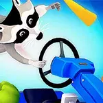 アライグマが空中でフライパンをつかもうとしている様子が描かれている。