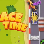 カラフルな車が並ぶ垂直視点のレーストラックの横に「RACE TIME」の文字。