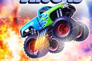 青いモンスタートラックが炎と炎の背景をバックにジャンプしている。