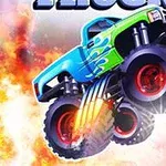 青いモンスタートラックが炎と炎の背景をバックにジャンプしている。