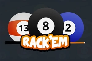 ビリヤードのボールと「RACK EM」の文字。