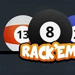 ビリヤードのボールと「RACK EM」の文字。
