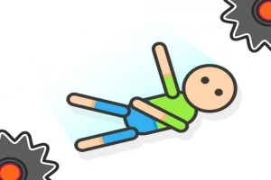 緑のシャツを着た棒人間が、周囲に回転する鋸刃がある中で倒れているシーン。