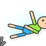 緑のシャツを着た棒人間が、周囲に回転する鋸刃がある中で倒れているシーン。