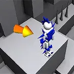 白と青のキャラクターが灰色のブロック上に立ち、オレンジ色の矢印が指している。