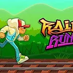 フード付きのジャケットを着たキャラクターが線路を走っているイラスト。