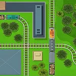 緑の背景に鉄道と道路、樹木が配置された風景の上からの視点のイラスト。