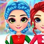 カラフルな服を着た青い髪と赤い髪のアニメキャラクターが並んでいます。