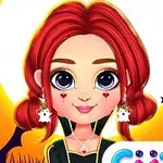 赤い髪の少女がハロウィンの背景に立っているイラストで、コウモリとクモが描かれている。